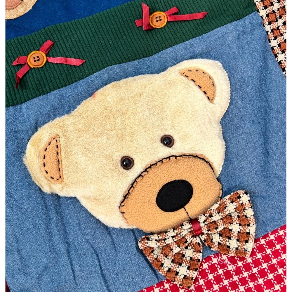 Vtg 90s Teddy Bear 3D Plush Blanket & Pillow Set Patchwork Nursery Cottagecore